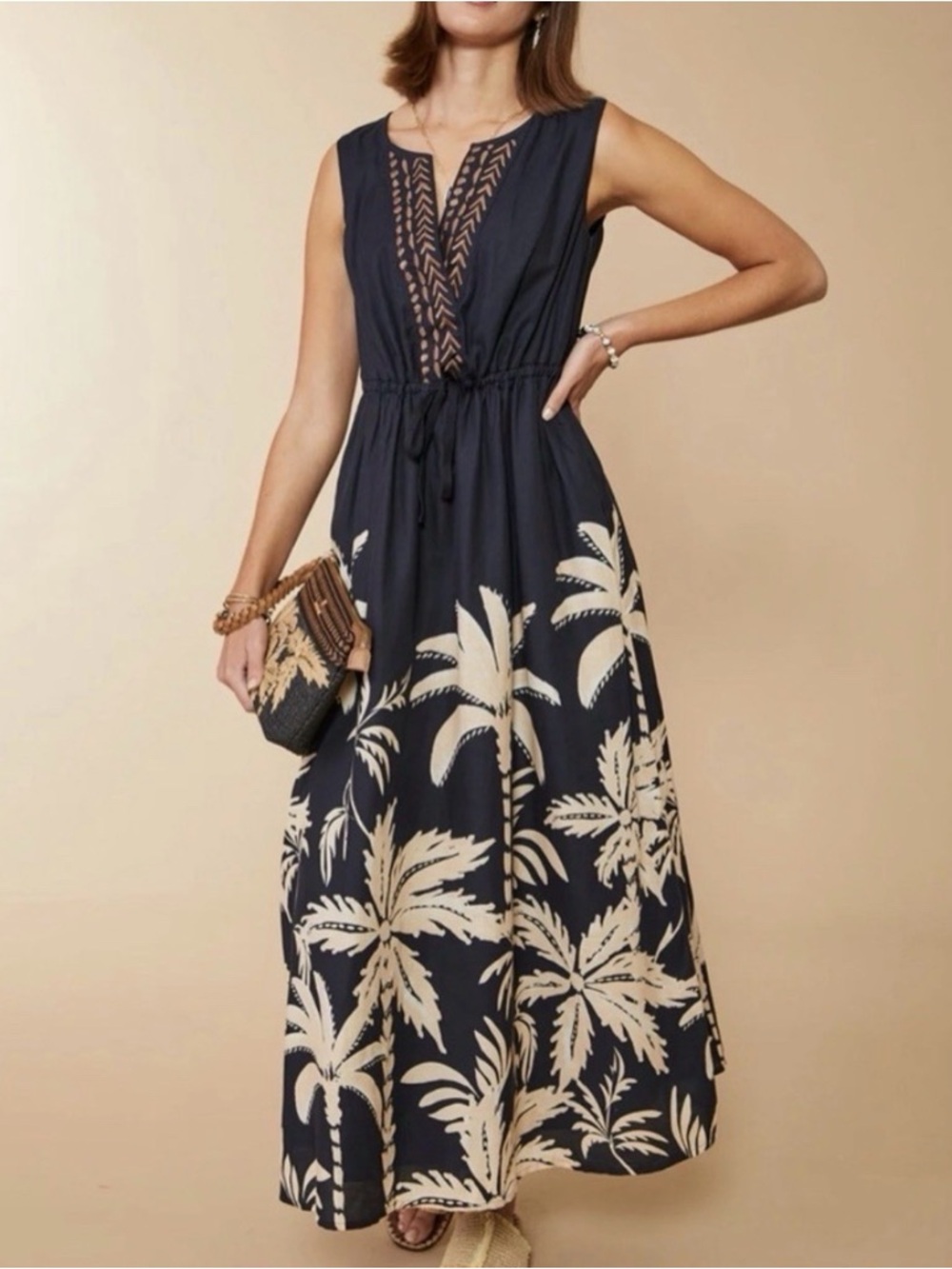 Spartina 449 Keila Midi Dress in the Southern Resort Palms Black pattern